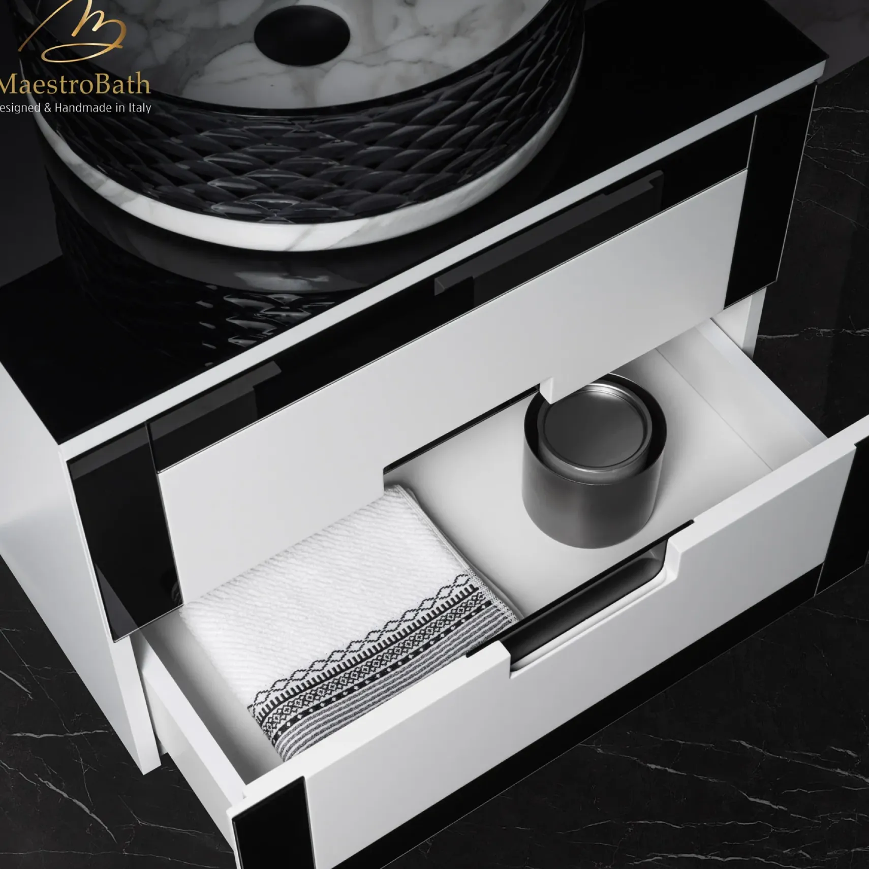 MaestroBath Petalo Luxury Bathroom Vanity, Black and White, 24, Wood, VAN-PTL24-BLW