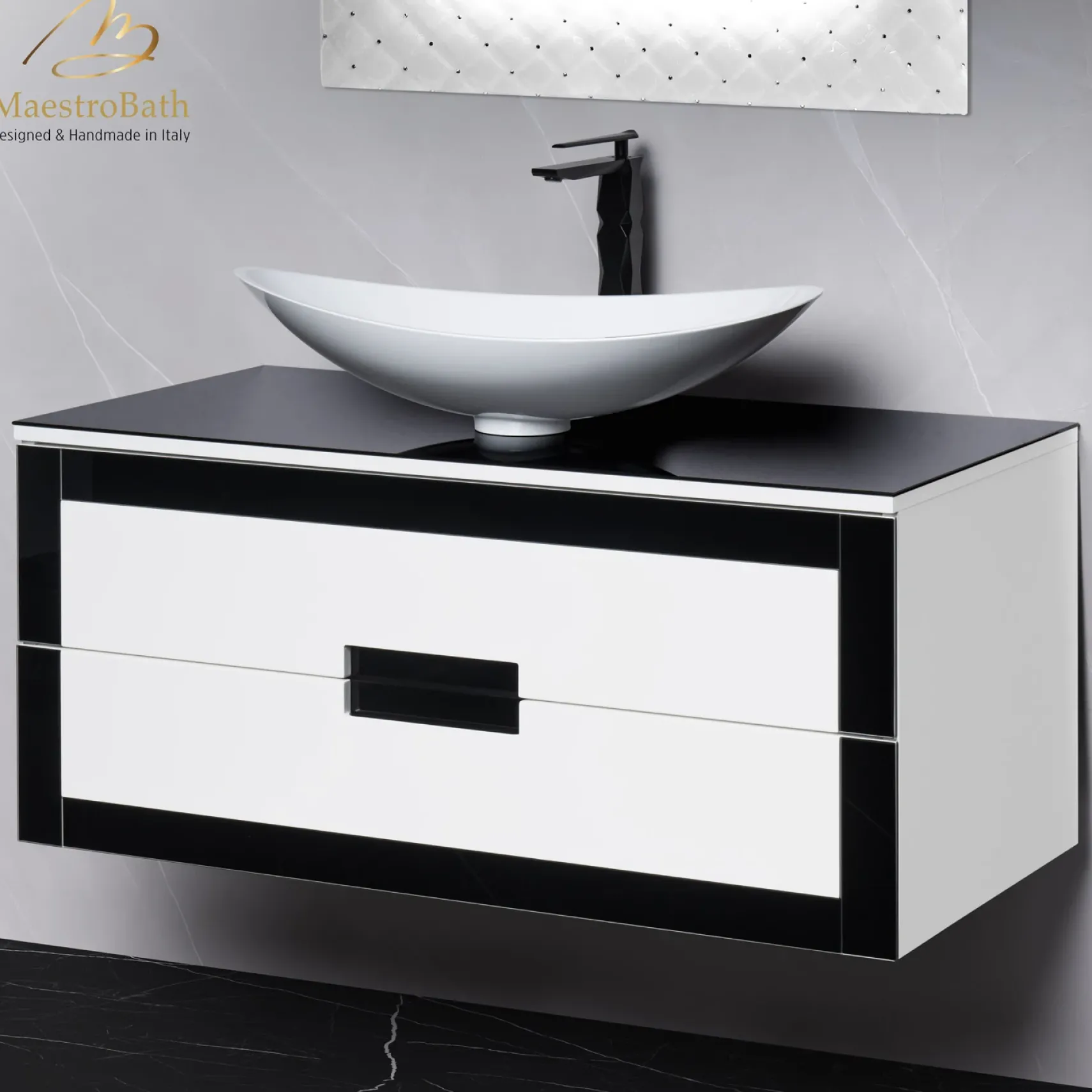 MaestroBath Petalo Luxury Bathroom Vanity, Black and White, 40, Wood, VAN-PTL40-BLW
