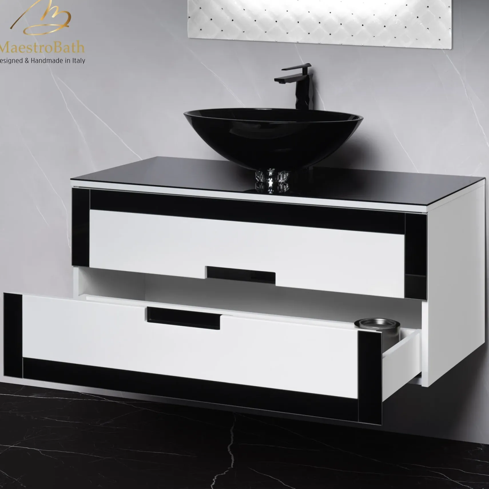 MaestroBath Petalo Luxury Bathroom Vanity, Black and White, 40, Wood, VAN-PTL40-BLW
