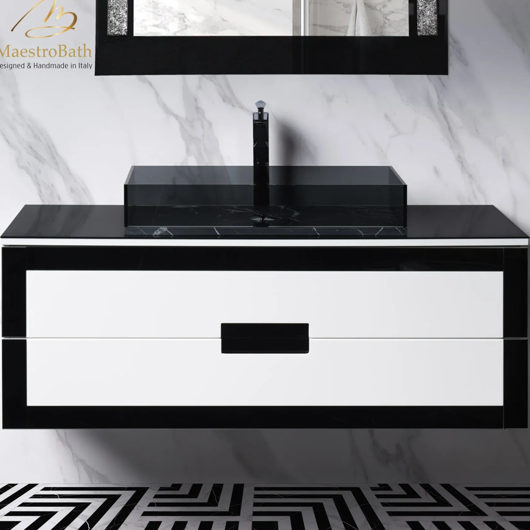 MaestroBath Petalo Luxury Bathroom Vanity, Black and White, 48", Wood, VAN-PTL48-BLW