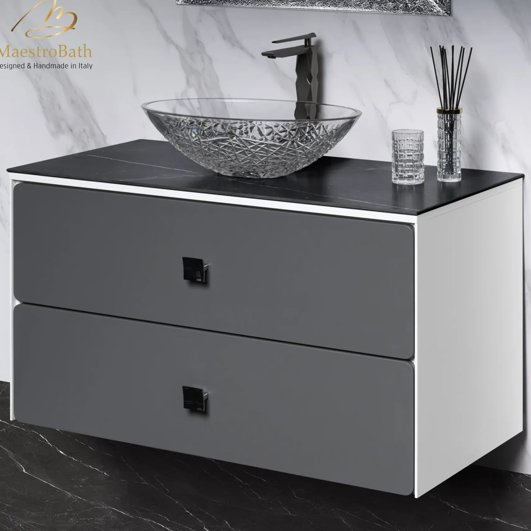 MaestroBath Serenita Modern Bathroom Vanity, White and Silver, 40", Wood, VAN-SRN40-WHS