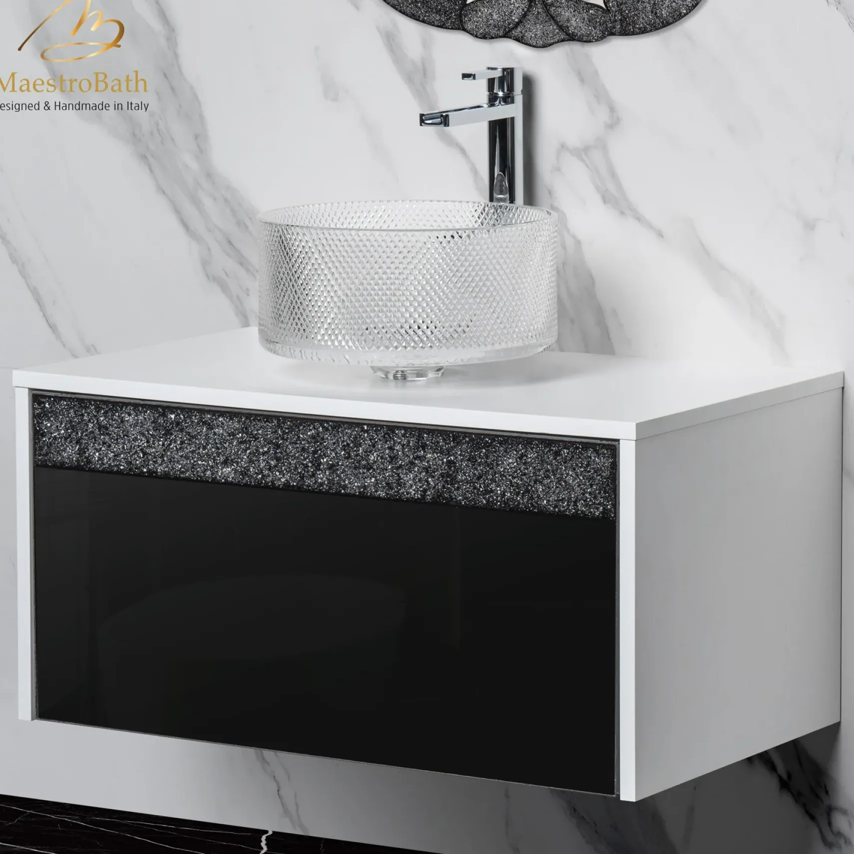 MaestroBath Splendore Modern Single Bathroom Vanity 32", Durable Wood and Murano Crystals, White and Black, VAN-SPL32-WHB