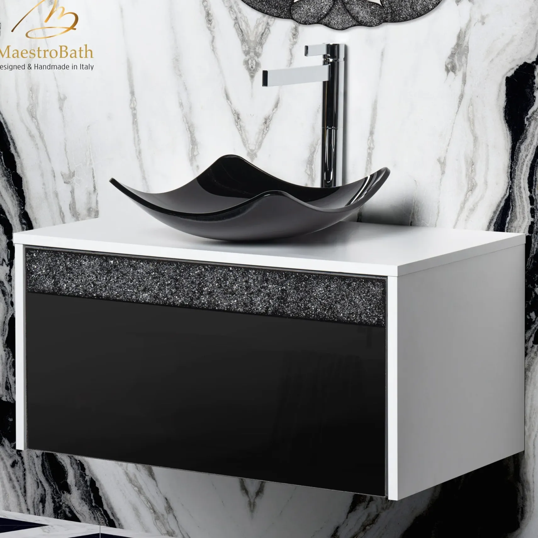 MaestroBath Splendore Modern Single Bathroom Vanity 32", Durable Wood and Murano Crystals, White and Black, VAN-SPL32-WHB