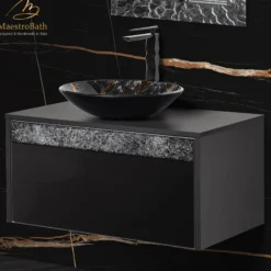 MaestroBath Splendore Modern Single Bathroom Vanity 32", Durable Wood and Murano Crystals, Black, Grey and Black, VAN-SPL32-GRB
