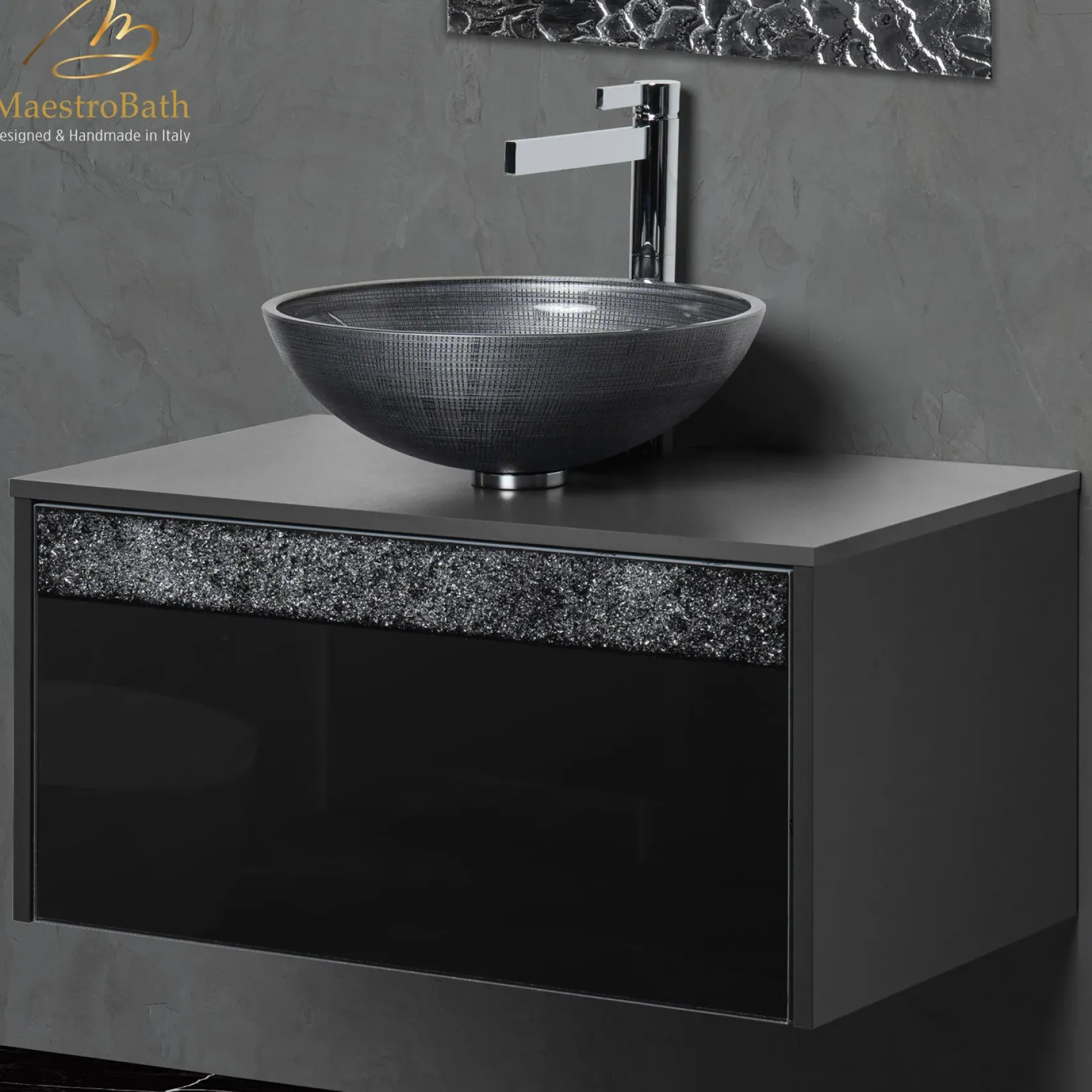 MaestroBath Splendore Modern Single Bathroom Vanity 32", Durable Wood and Murano Crystals, Black, Grey and Black, VAN-SPL32-GRB