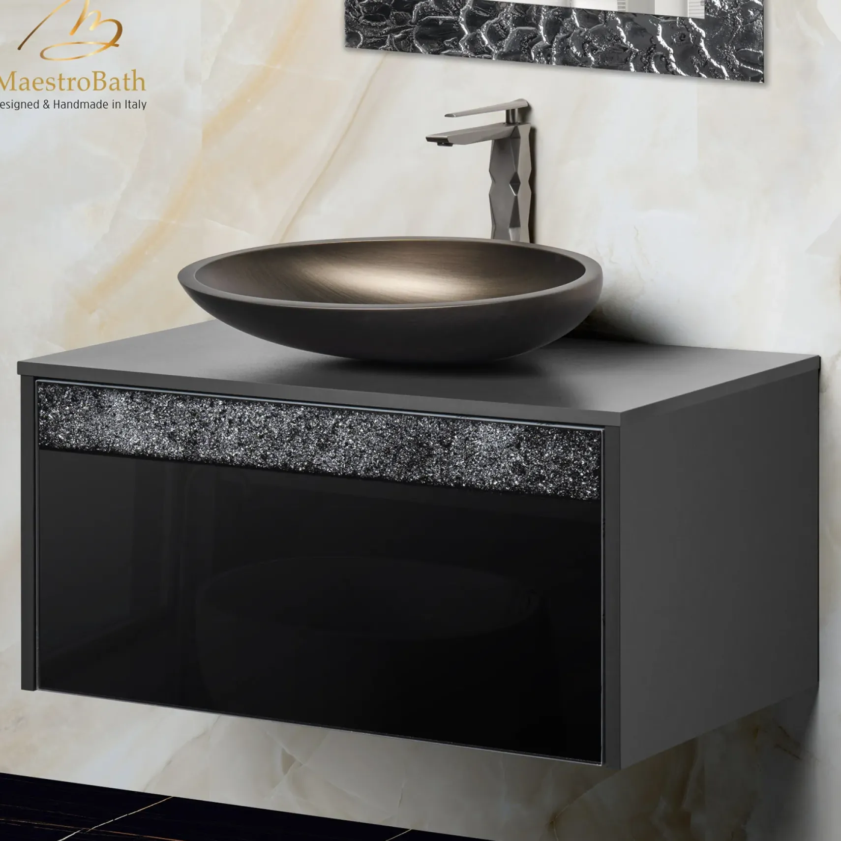 MaestroBath Splendore Modern Single Bathroom Vanity 32", Durable Wood and Murano Crystals, Black, Grey and Black, VAN-SPL32-GRB