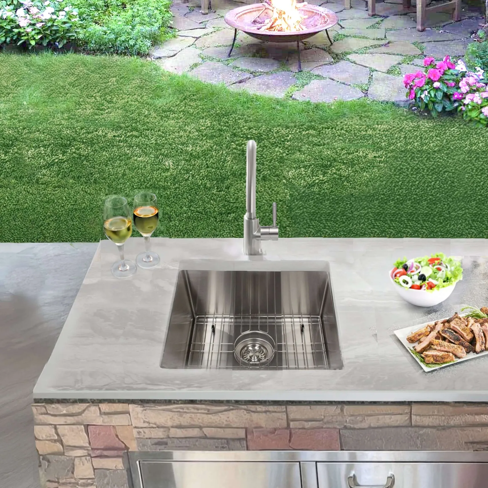 Nantucket Sinks All Weather 19" Square 316 Marine Grade Stainless Steel Workstation Bar/Kitchen Sink with Accessories, 16 Gauge, AW1919-16