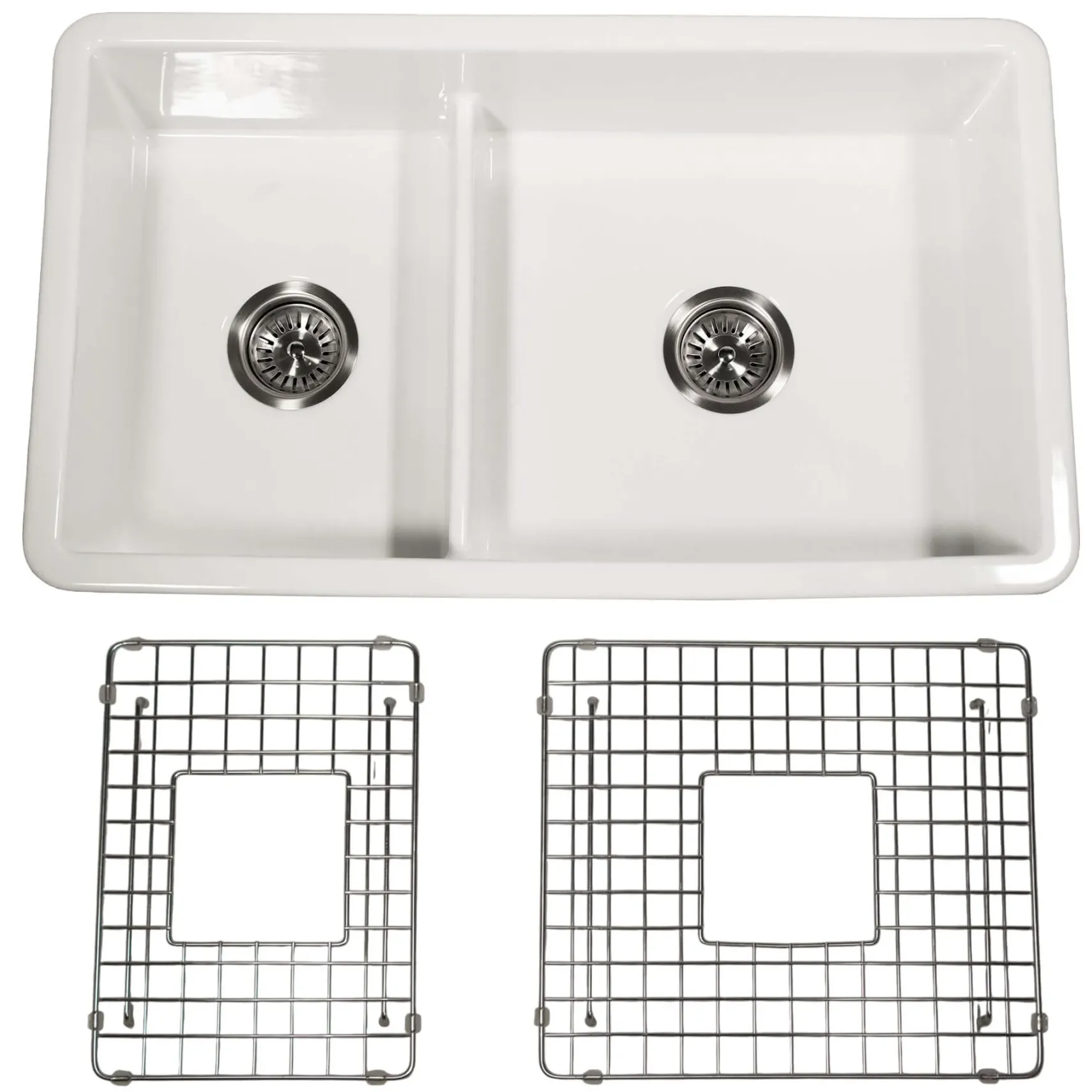 Nantucket Sinks Cape 31" Dual Mount Fireclay Kitchen Sink with Accessories, 60/40 Double Bowl, White, Wellfleet-31OSW