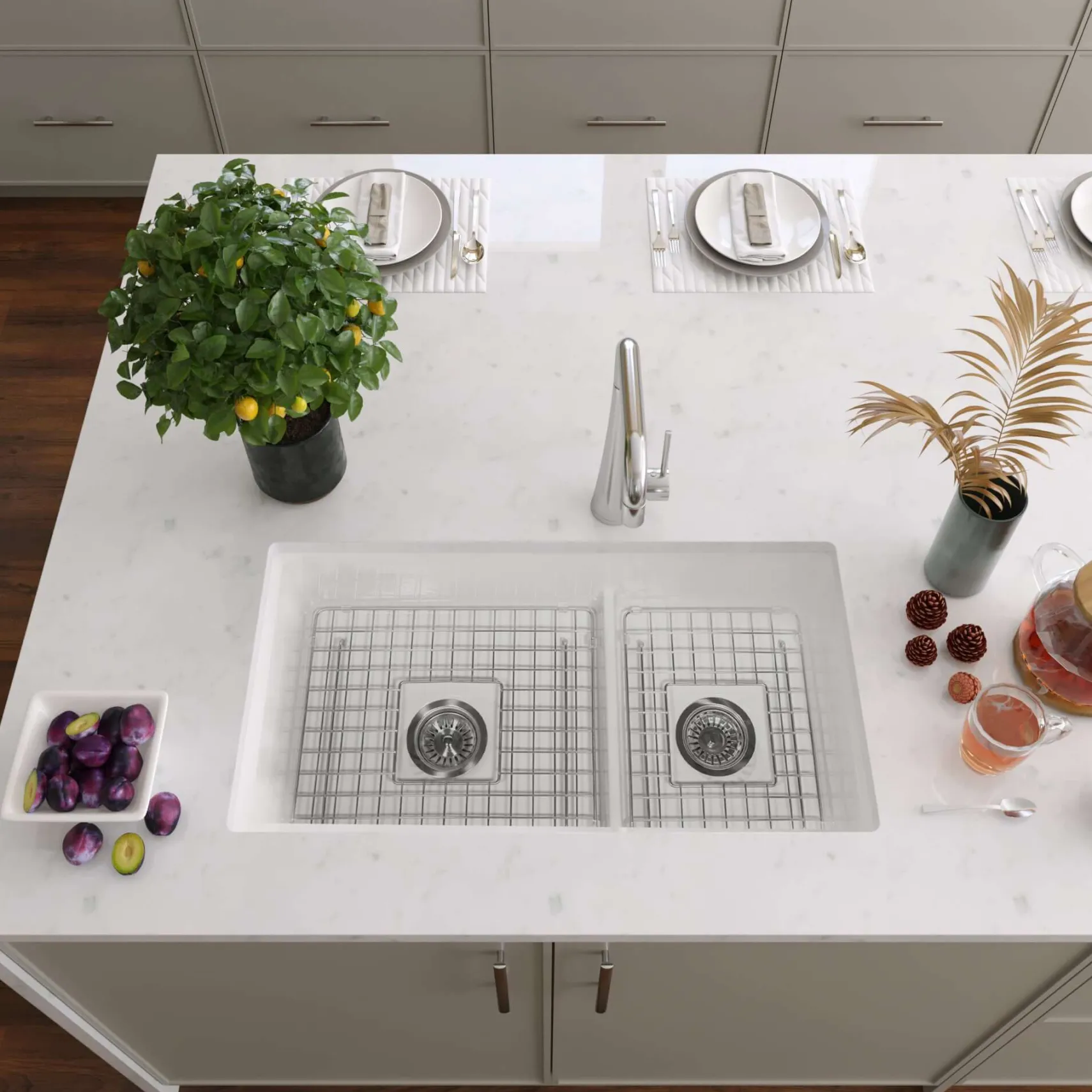 Nantucket Sinks Cape 31" Dual Mount Fireclay Kitchen Sink with Accessories, 60/40 Double Bowl, White, Wellfleet-31OSW