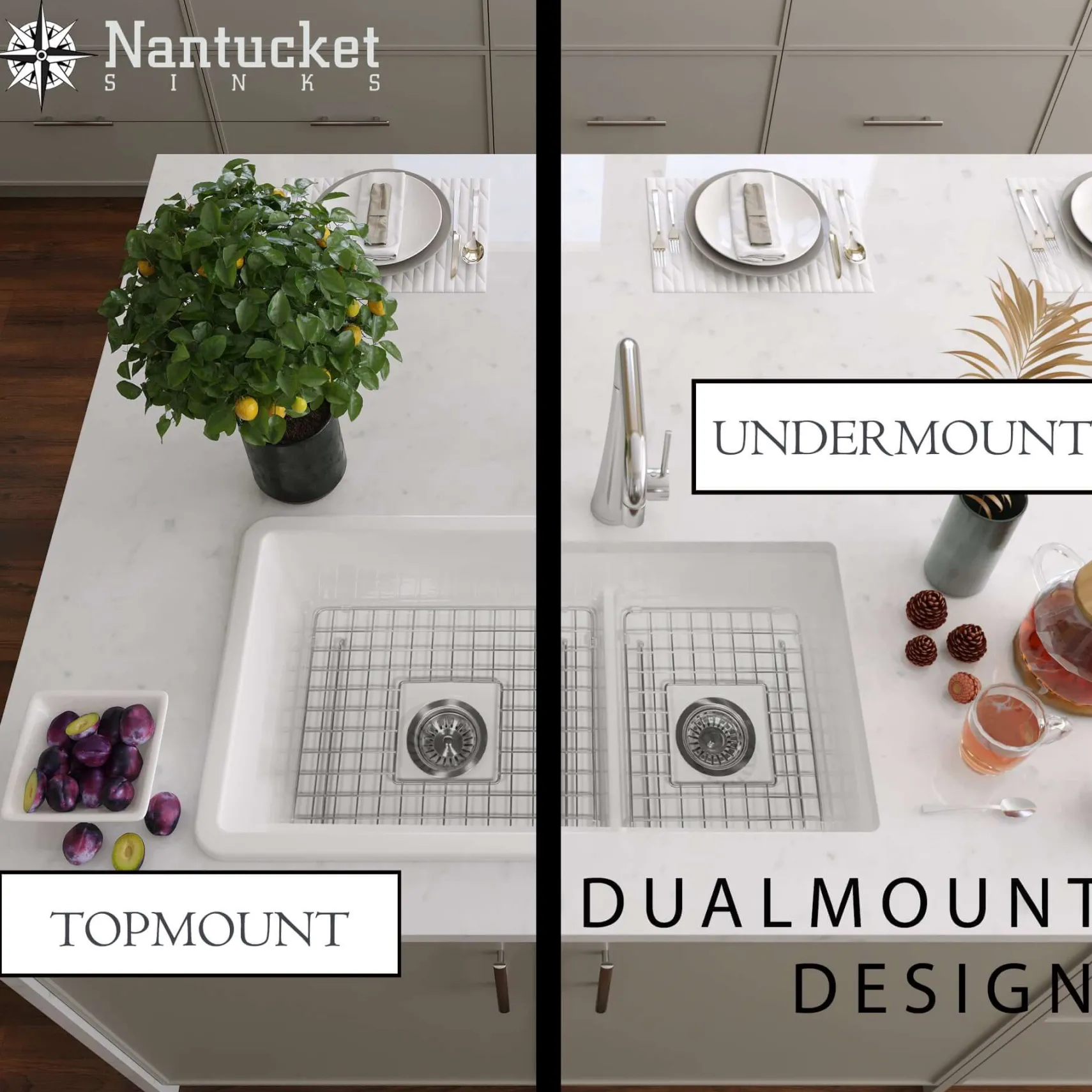 Nantucket Sinks Cape 31" Dual Mount Fireclay Kitchen Sink with Accessories, 60/40 Double Bowl, White, Wellfleet-31OSW