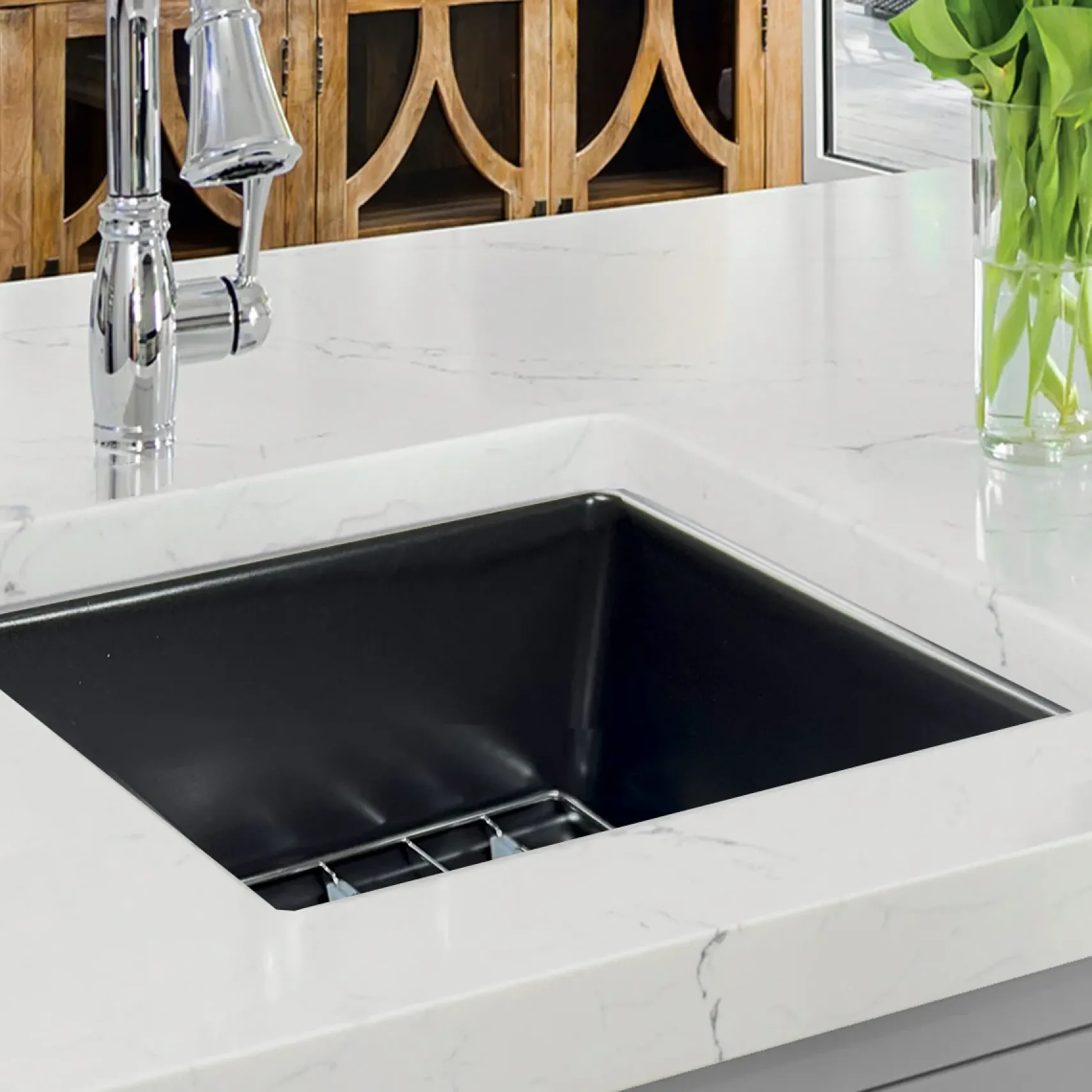 Nantucket Sinks Cape 18" Dual Mount Fireclay Kitchen Sink with Accessories, Matte Black, Wellfleet-1818MB