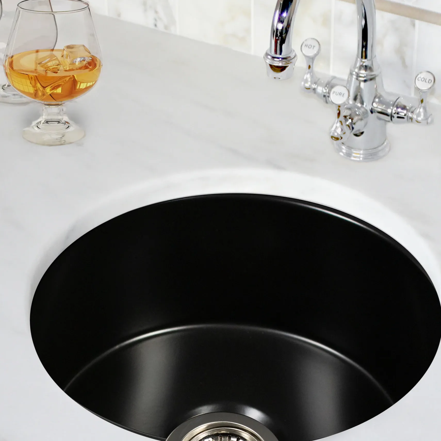 Nantucket Sinks Cape 18" Round Fireclay Bar/Prep Sink with Accessories, Matte Black, Hyannis-18MB