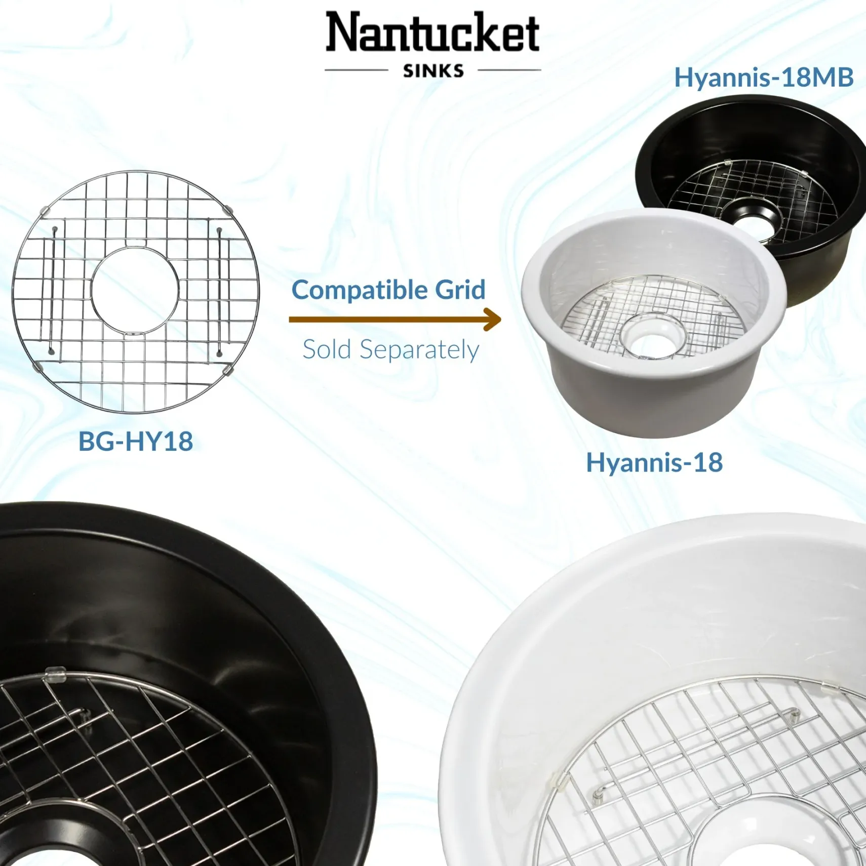 Nantucket Sinks Cape 18" Round Fireclay Bar/Prep Sink with Accessories, Matte Black, Hyannis-18MB