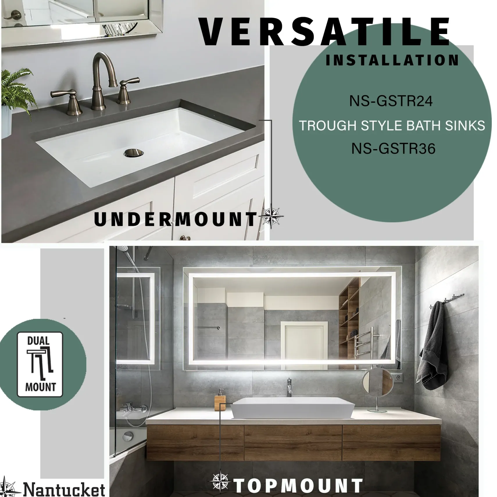 Nantucket Sinks Glacierstone 36" Bathroom Sink, White, NS-GSTR36
