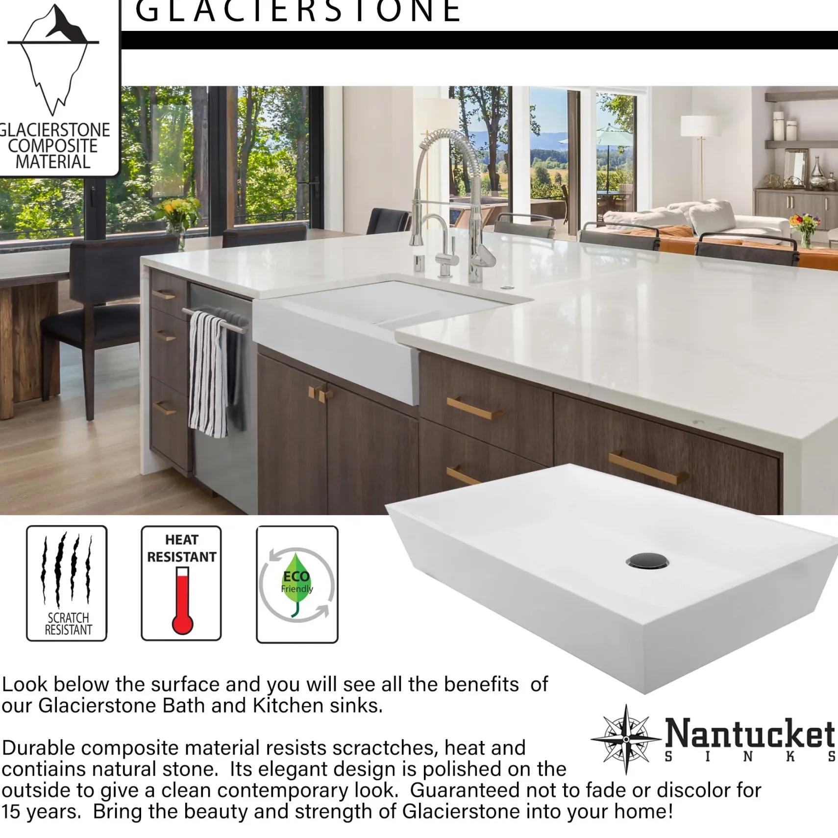 Nantucket Sinks Glacierstone 36" Bathroom Sink, White, NS-GSTR36
