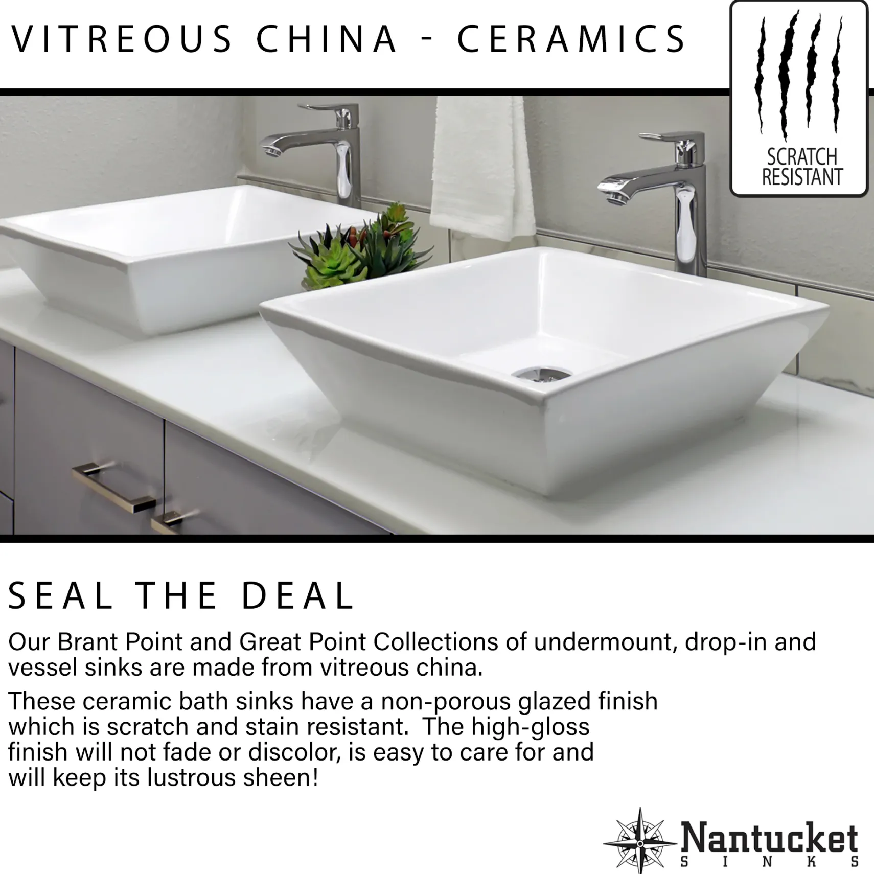 Nantucket Sinks Great Point 23" x 18.25" x 8.75" Rectangular Drop In/Topmount Ceramic - Vitreous China Bathroom Sink, Bisque, DI-2418-R8-Bisque