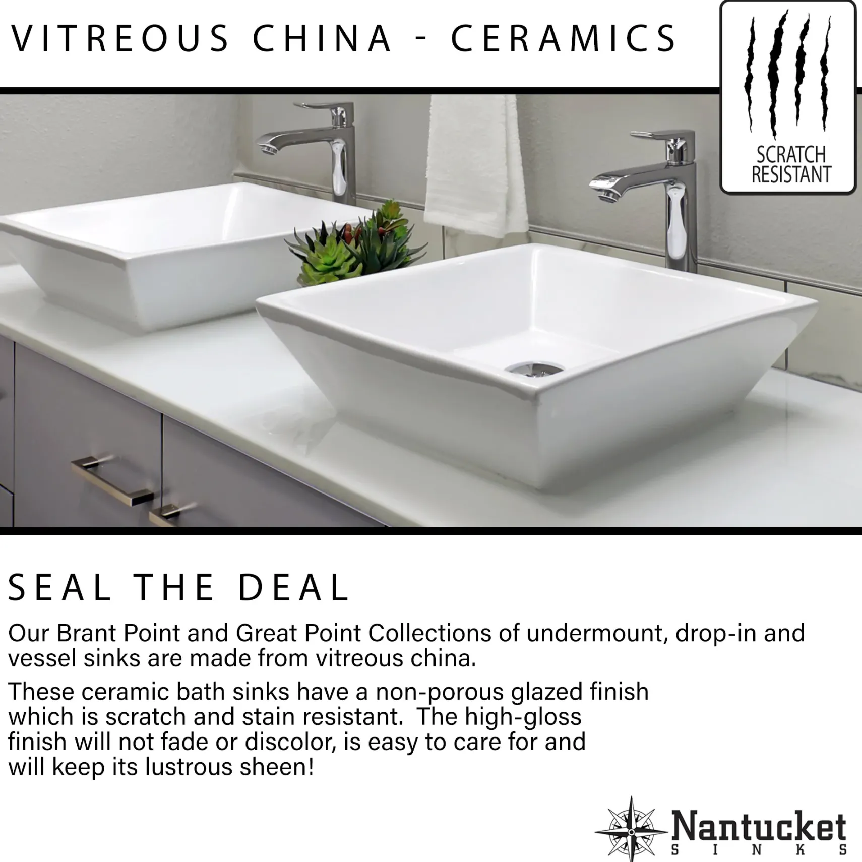 Nantucket Sinks Great Point 20" Ceramic Bathroom Sink, White, GB-17x13-W