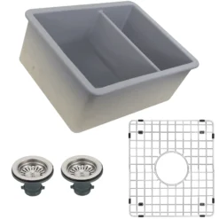 Nantucket Sinks Island 24" Dual Mount Fireclay Kitchen Sink with Accessories, 67/33 Double Bowl, Matte Grey, ISFC24x18GR-DB2