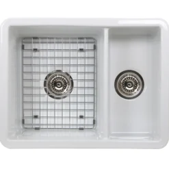 Nantucket Sinks Island 24" Dual Mount Fireclay Kitchen Sink with Accessories, 67/33 Double Bowl, White, ISFC24x18W-DB2
