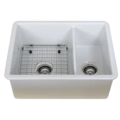 Nantucket Sinks Island 24" Dual Mount Fireclay Kitchen Sink with Accessories, 67/33 Double Bowl, White, ISFC24x18W-DB2