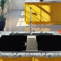 Nantucket Sinks Plymouth 34" Granite Composite Kitchen Sink, 50/50 Double Bowl, Black, PR3420PS-BL