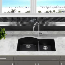 Nantucket Sinks Plymouth 33" Granite Composite Kitchen Sink, 60/40 Double Bowl, Black, PR6040-BL-UM