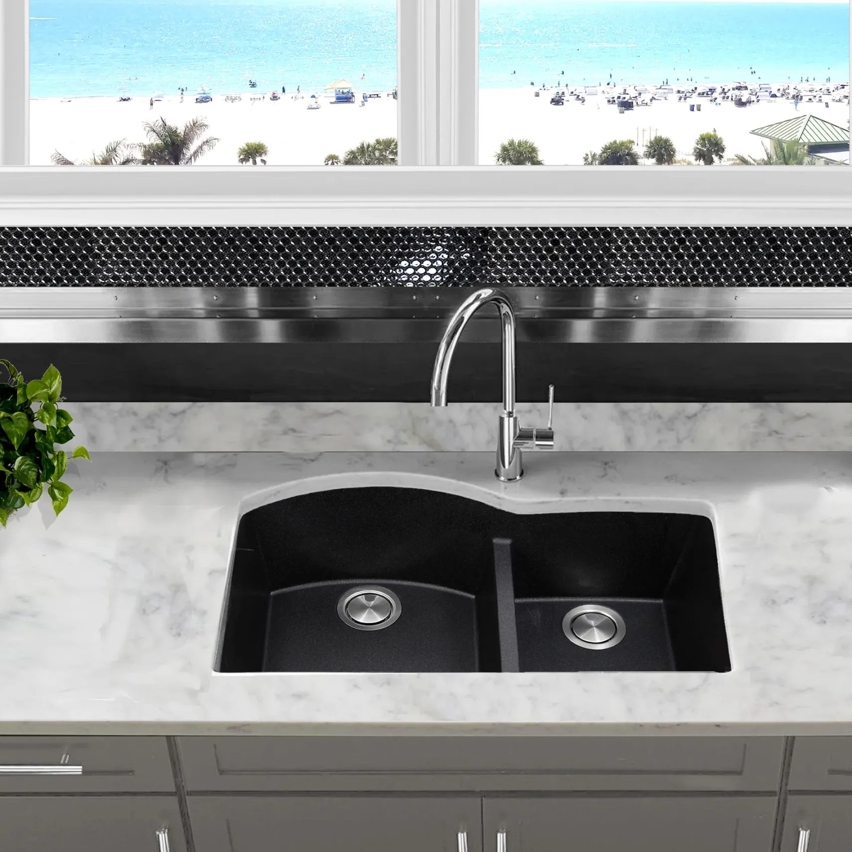 Nantucket Sinks Plymouth 33" Granite Composite Kitchen Sink, 60/40 Double Bowl, Black, PR6040-BL-UM