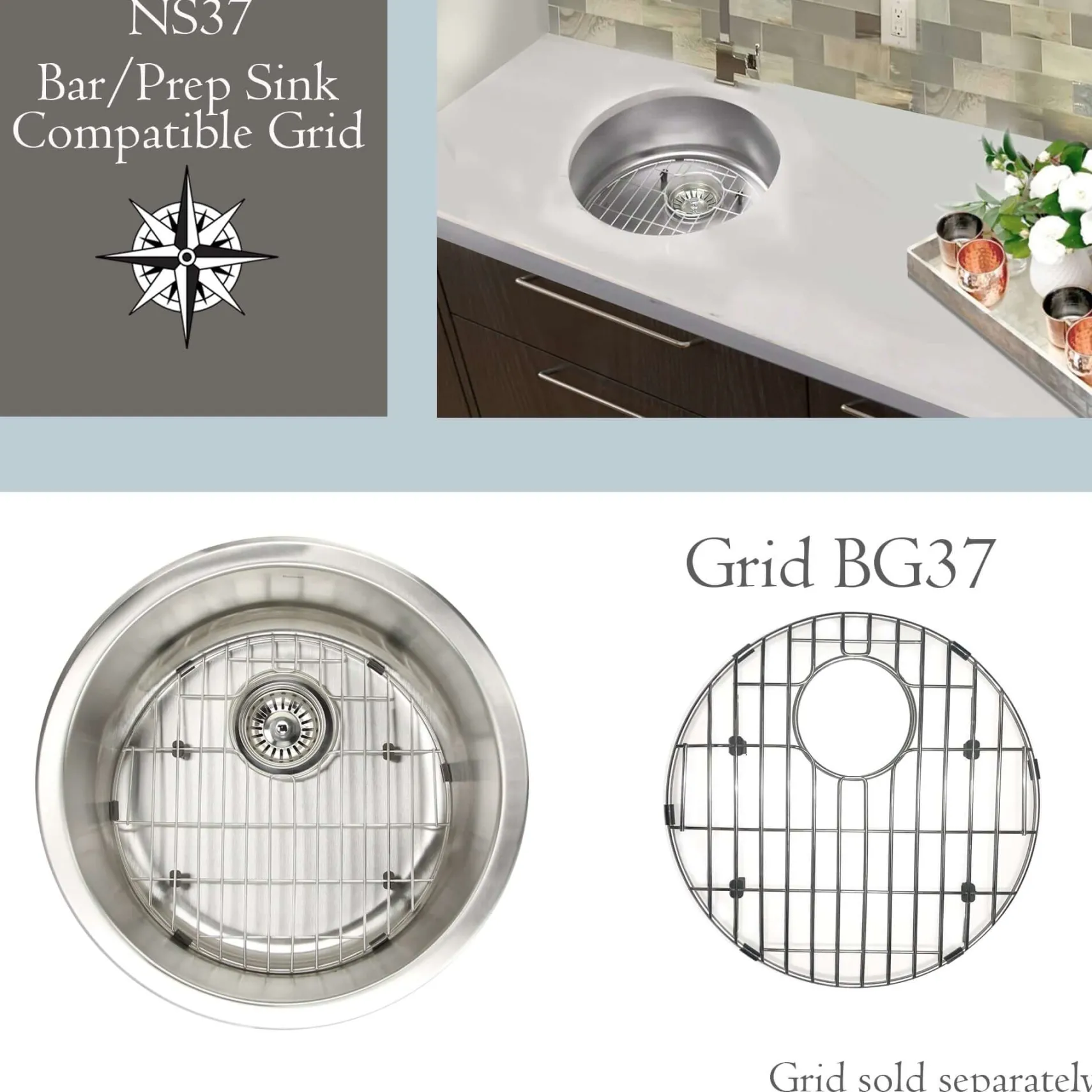 Nantucket Sinks Quidnet 18" Round 304 Stainless Steel Bar/Prep Sink with Accessories, NS37