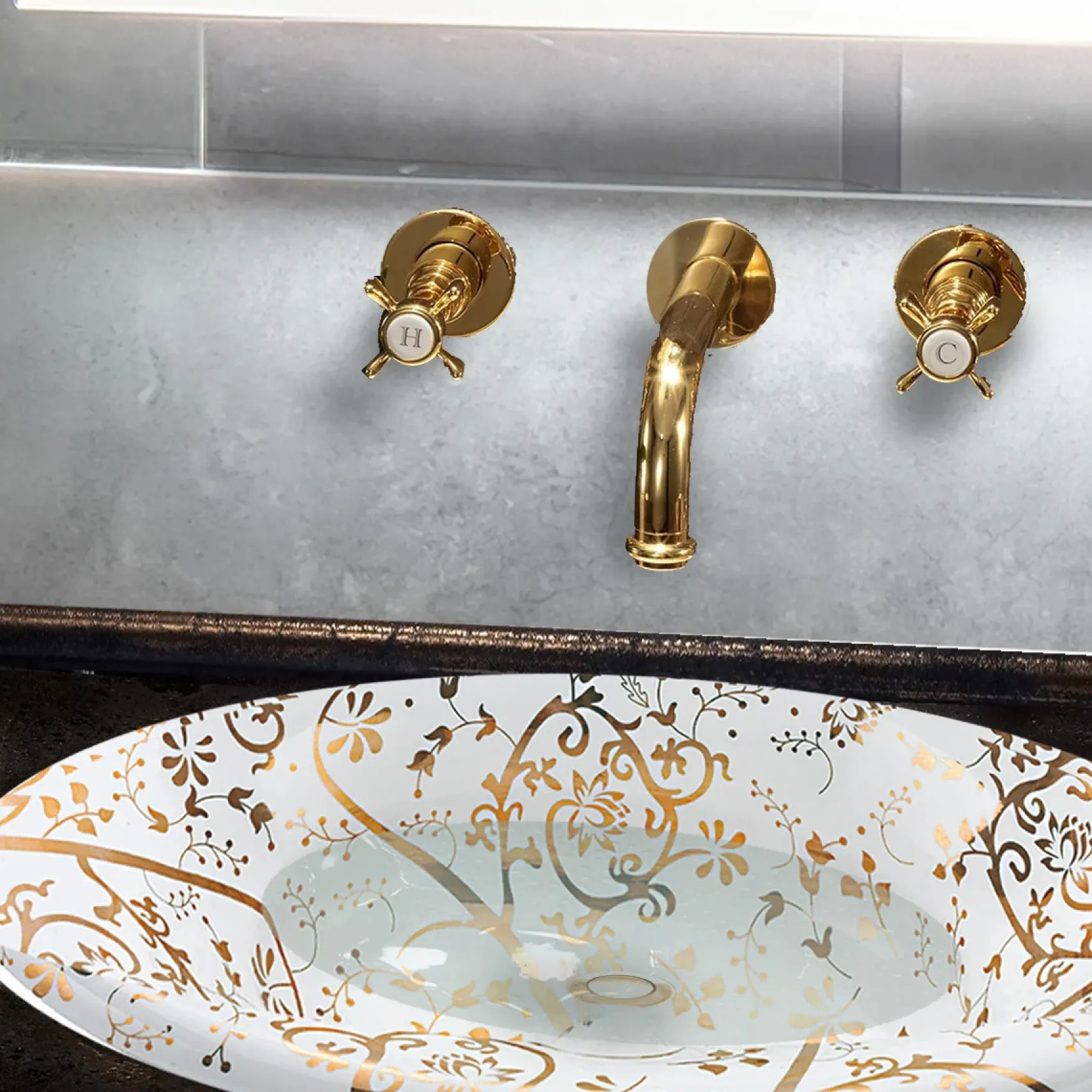 Nantucket Sinks Regatta 25" Fireclay Bathroom Sink, White/Gold, RC70640GS