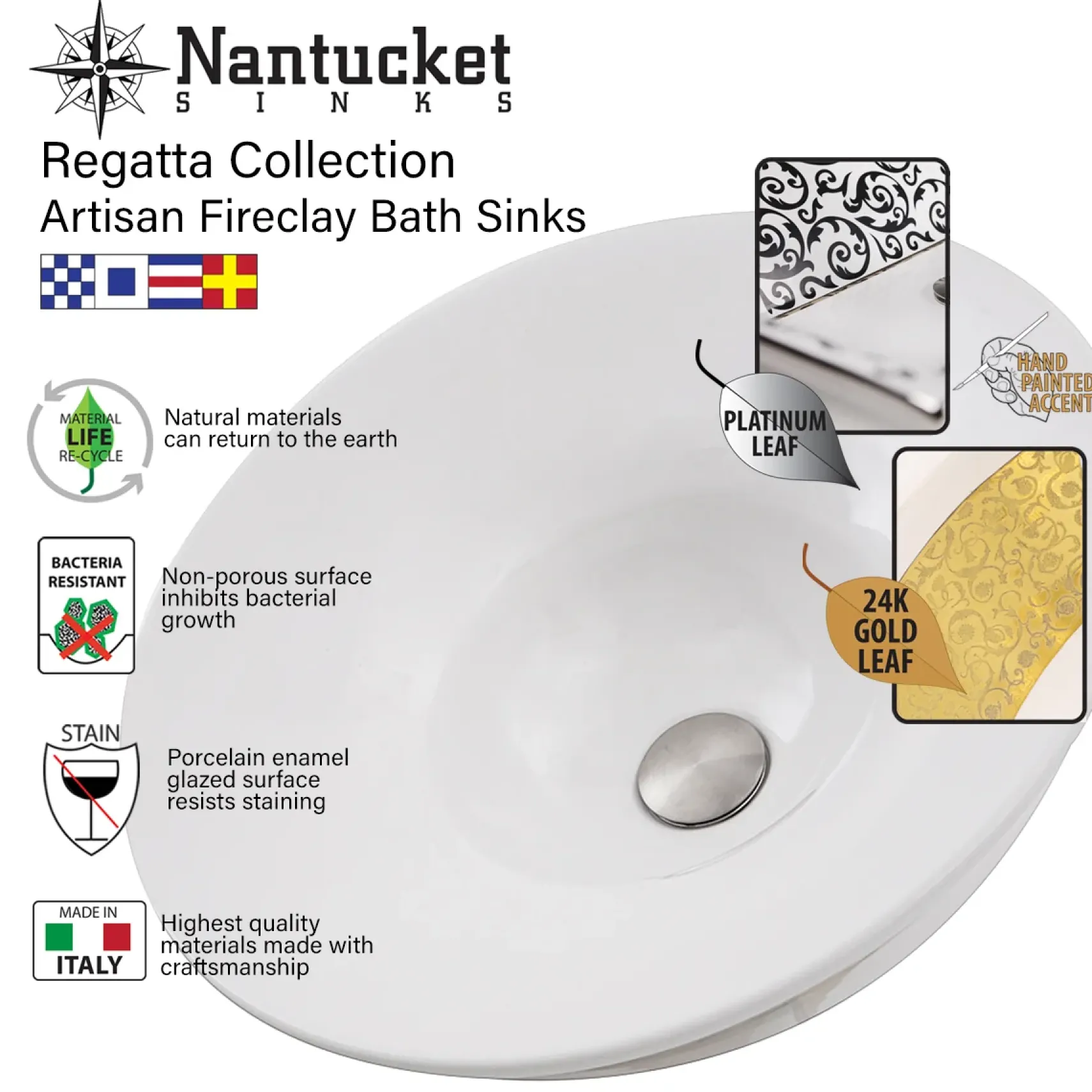 Nantucket Sinks Regatta 25" Fireclay Bathroom Sink, White, RC70640W