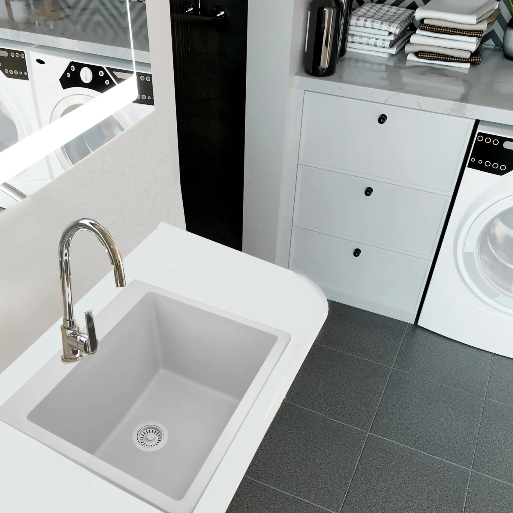 Nantucket Sinks Rockport 25" Dual Mount Granite Composite Laundry Sink, White, PR2522-DM-W