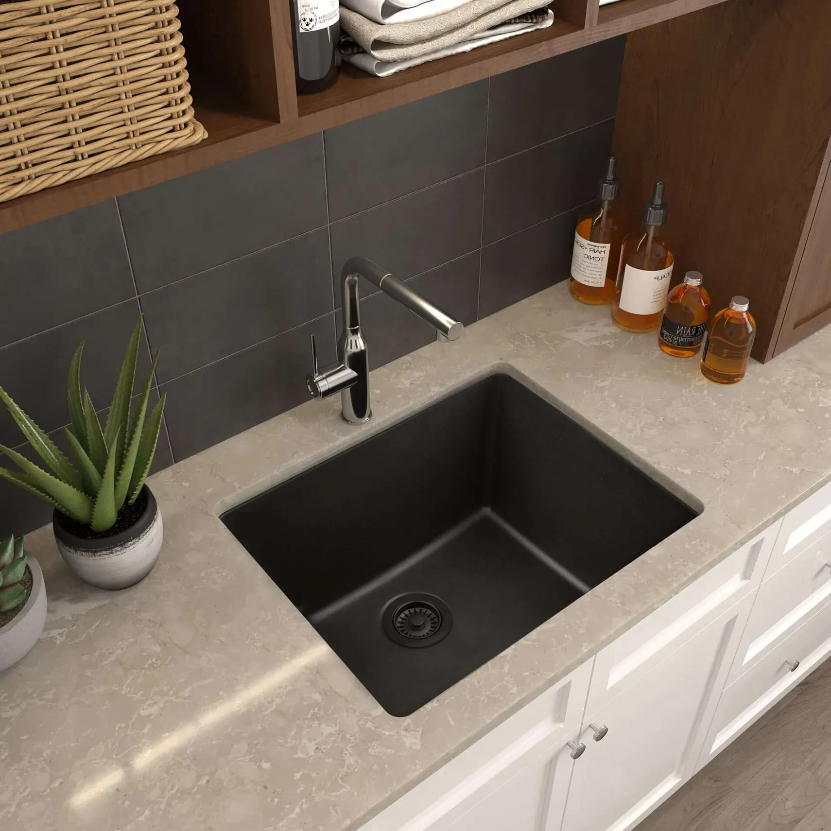 Nantucket Sinks Rockport 25" Dual Mount Granite Composite Laundry Sink, Black, PR2522-DM-BL
