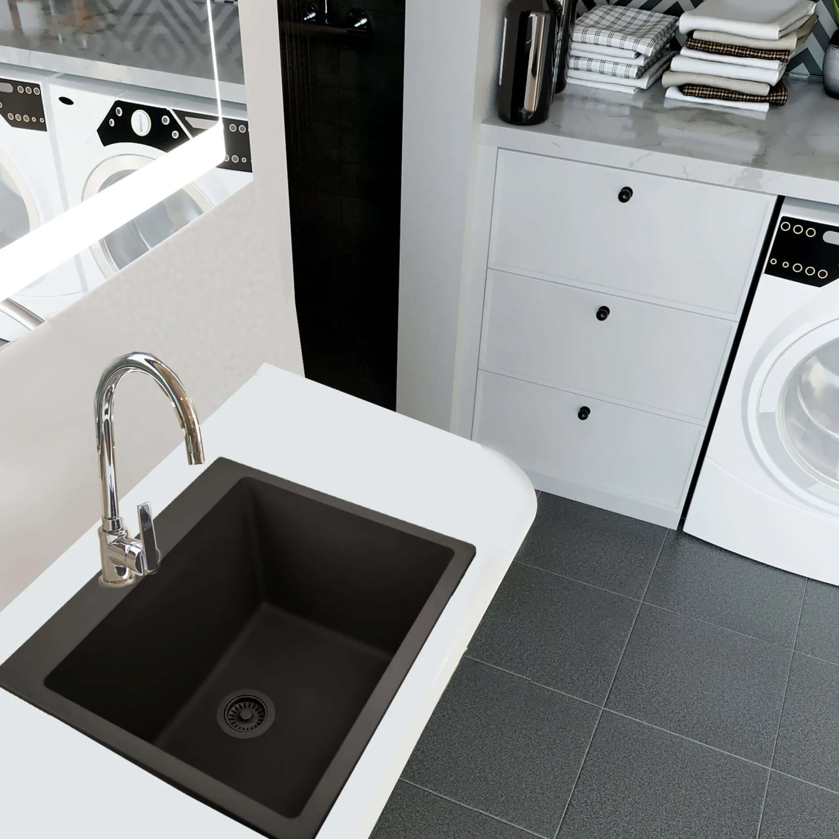 Nantucket Sinks Rockport 25" Dual Mount Granite Composite Laundry Sink, Black, PR2522-DM-BL