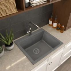 Nantucket Sinks Rockport 25" Dual Mount Granite Composite Laundry Sink, Titanium, PR2522-DM-TI