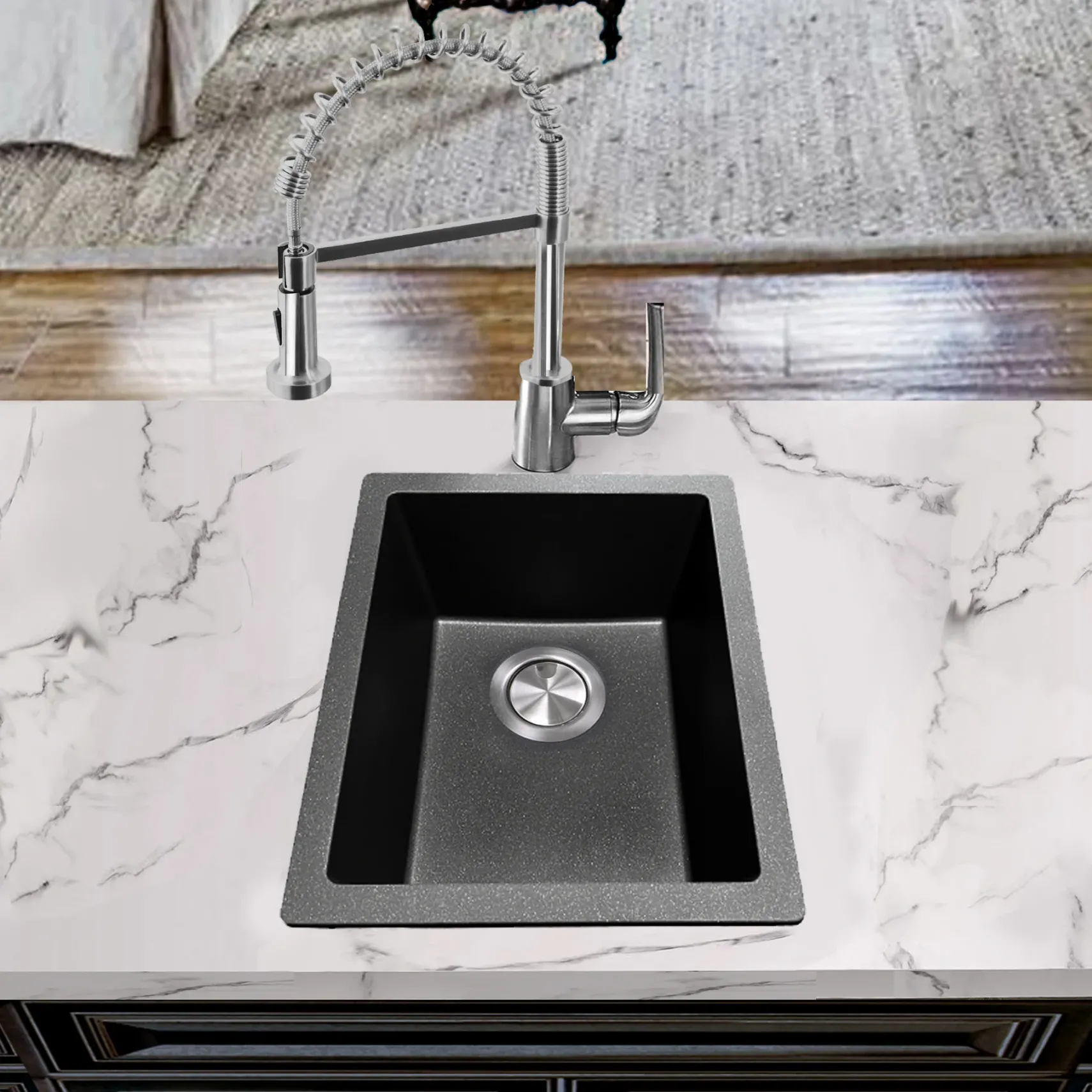 Nantucket Sinks Rockport 15" Rectangle Granite Composite Bar/Kitchen Sink with Accessories, Black, PR1815-BL