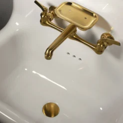 Nantucket Sinks Victorian 16.5" x 16.5" Irregular Wallmount Fireclay Bathroom Sink with Faucet and Accessories, White/Satin Brushed Brass, NS-VC16-WW-SBFCT