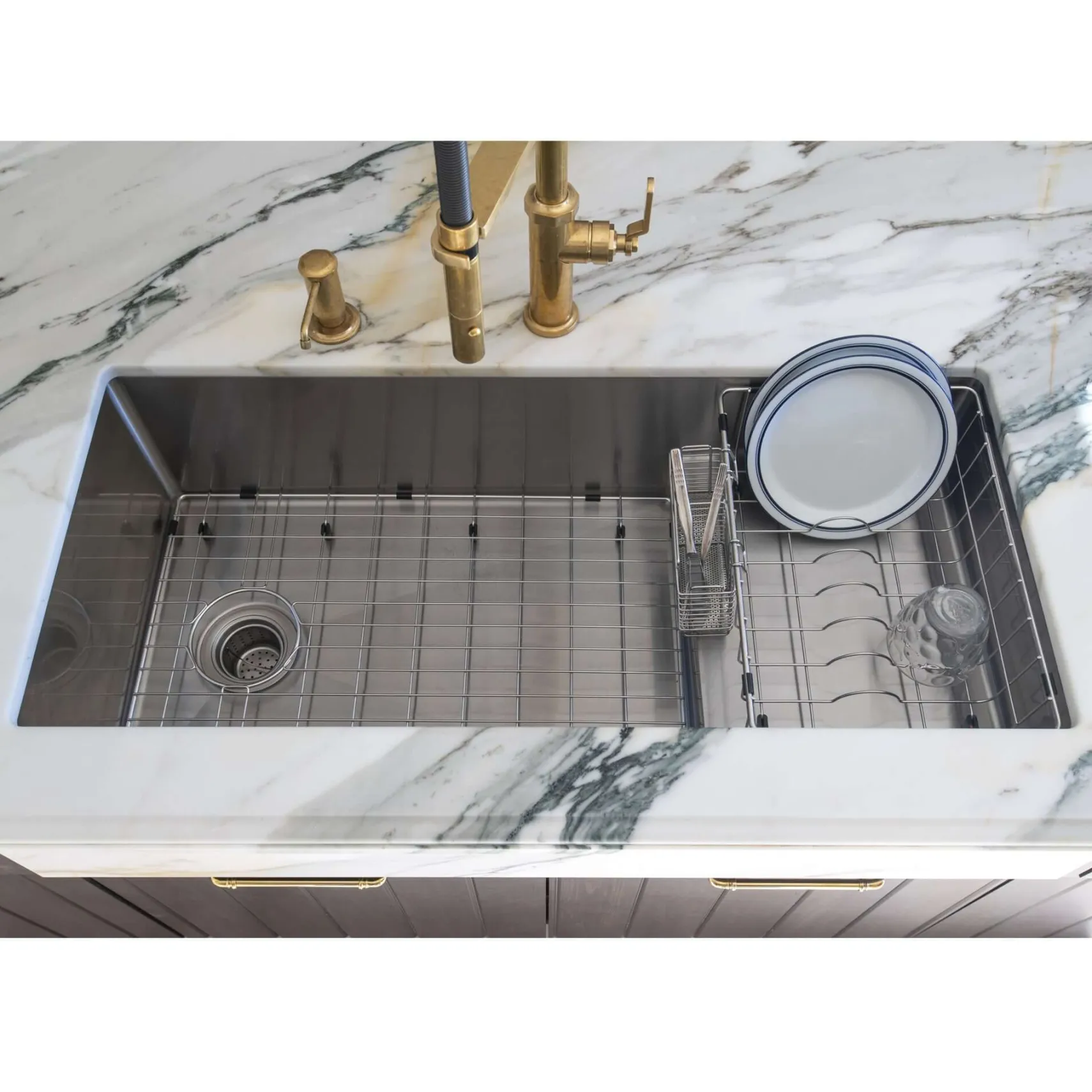 Nantucket Sinks x Studio Dearborn Brightwork 39" Undermount Copper Kitchen Sink with Accessories, 16 Gauge, STEPPE3918-HC