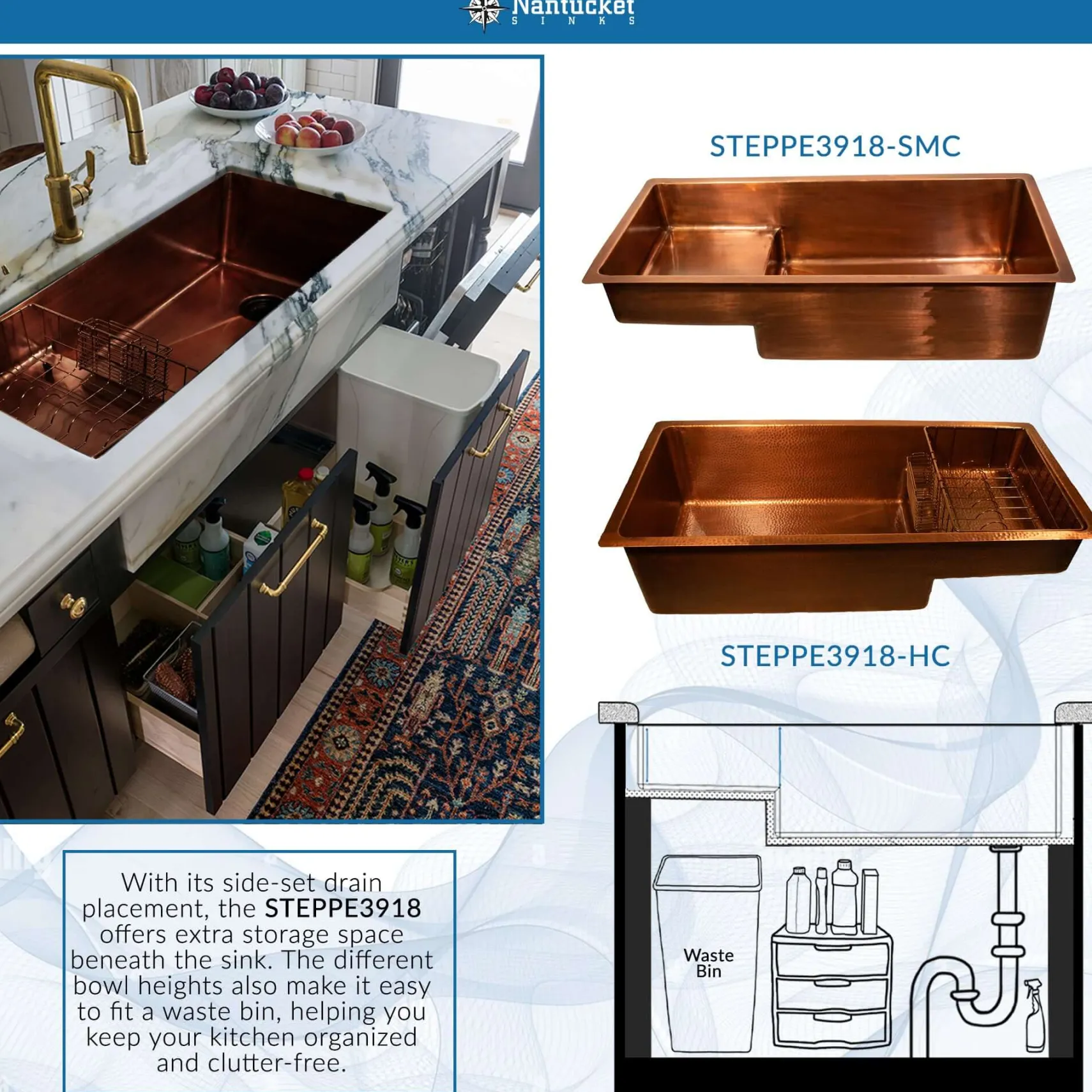Nantucket Sinks x Studio Dearborn Brightwork 39" Undermount Copper Kitchen Sink with Accessories, 16 Gauge, STEPPE3918-HC