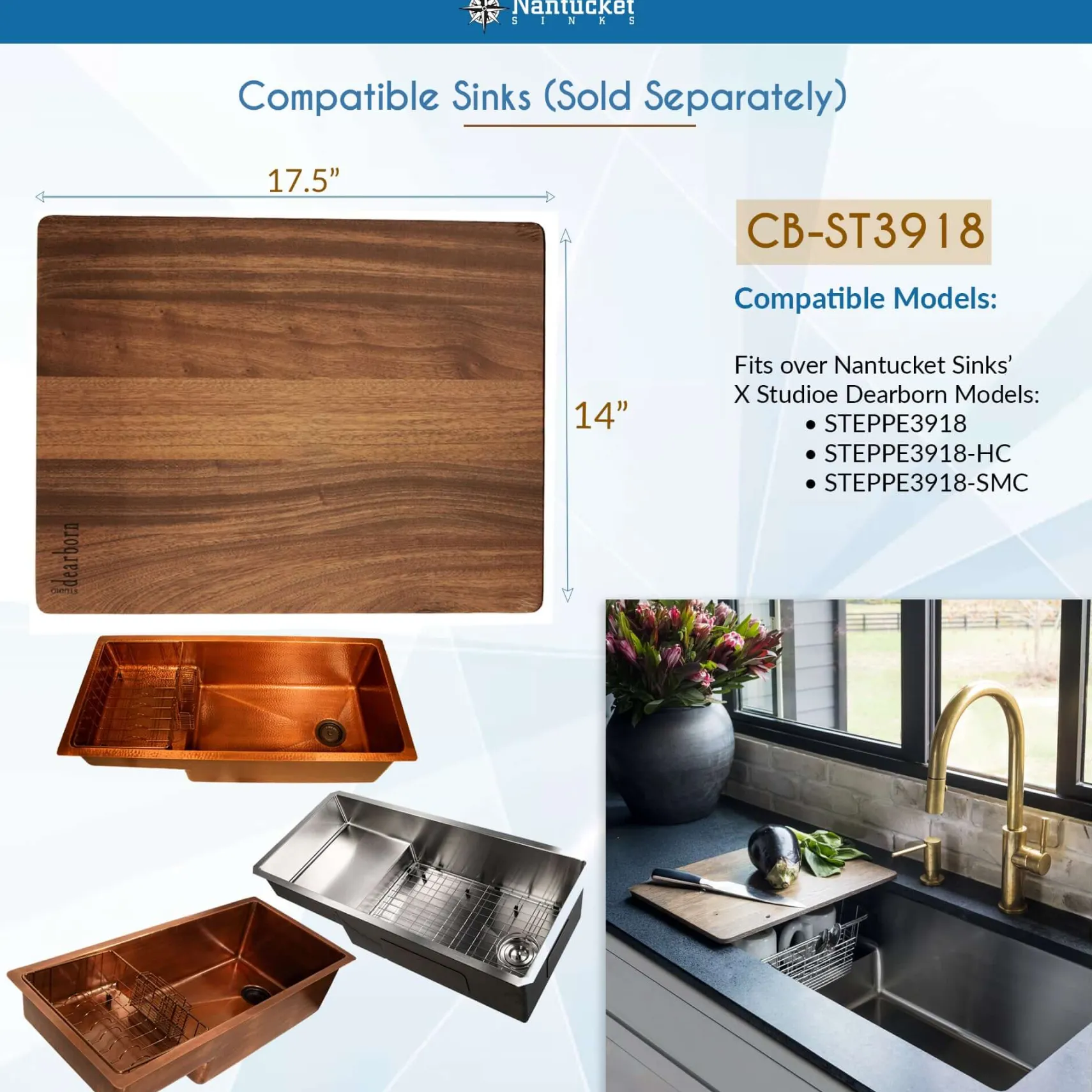 Nantucket Sinks x Studio Dearborn Brightwork 39" Undermount Copper Kitchen Sink with Accessories, 16 Gauge, STEPPE3918-HC