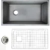Nantucket Sinks Cape 34" Dual Mount Fireclay Kitchen Sink with Accessories, Concrete Grey, Wellfleet-3419Concrete