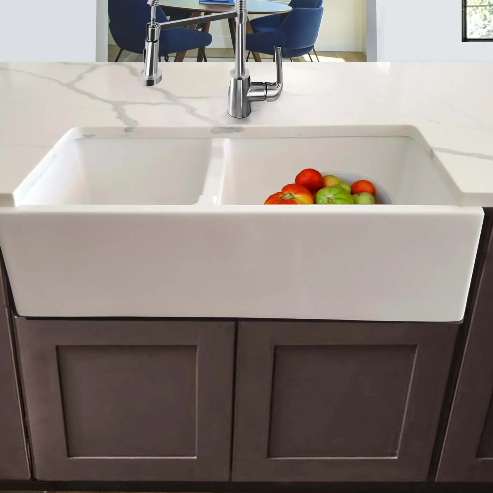 Nantucket Sinks Cape 36" Fireclay Farmhouse Sink, 60/40 Double Bowl, White, Hyannis-36-DBL