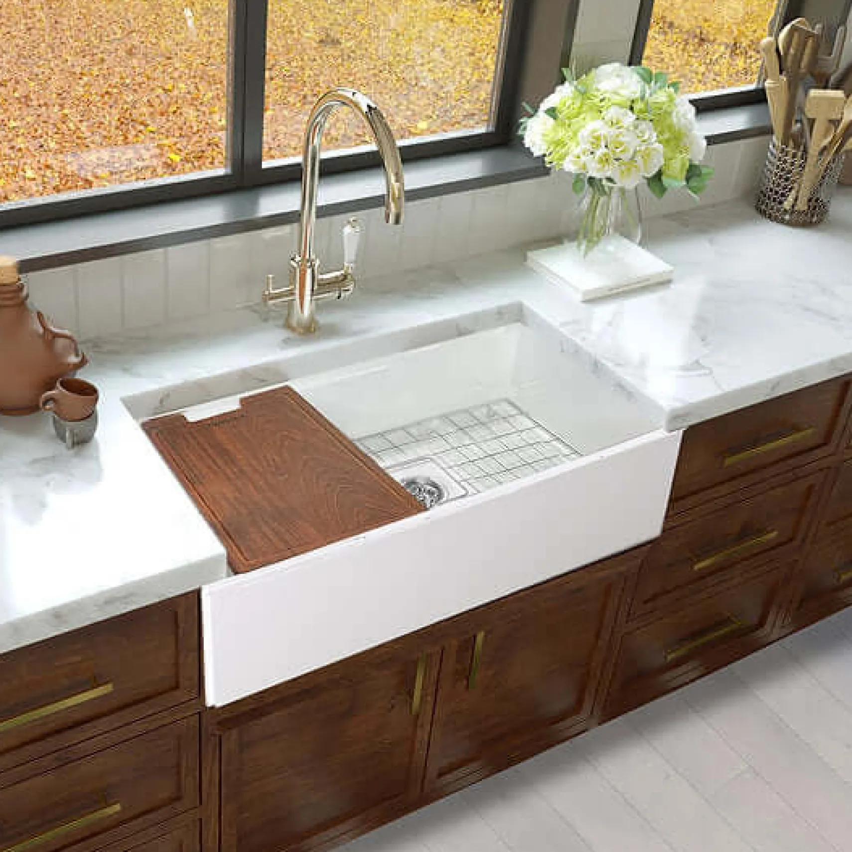 Nantucket Sinks Cape 33" Fireclay Workstation Farmhouse Sink with Accessories, White, T-PS33W