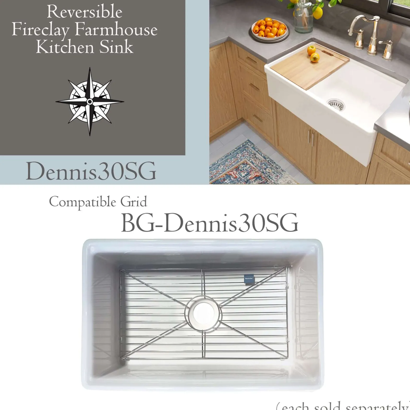 Nantucket Sinks Cape 30" Fireclay Workstation Farmhouse Sink, White, Dennis30SG
