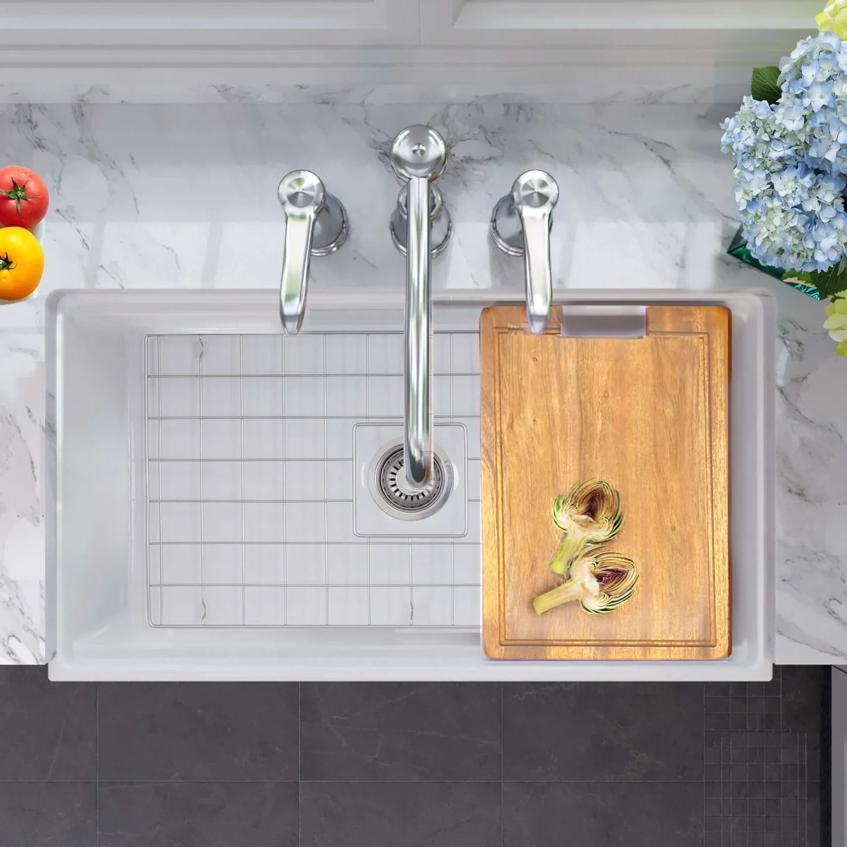 Nantucket Sinks Cape 33" Fireclay Farmhouse Sink with Accessories, White, HZ-TPS33W-ST1