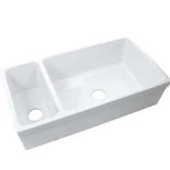 Nantucket Sinks Island 36" Fireclay Farmhouse Sink with Accessories, 90/10 Double Bowl, White, ISFCGW35X19DBSO