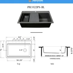Nantucket Sinks Plymouth 33" Dual Mount Granite Composite Workstation Kitchen Sink, Black, PR3322PS-BL