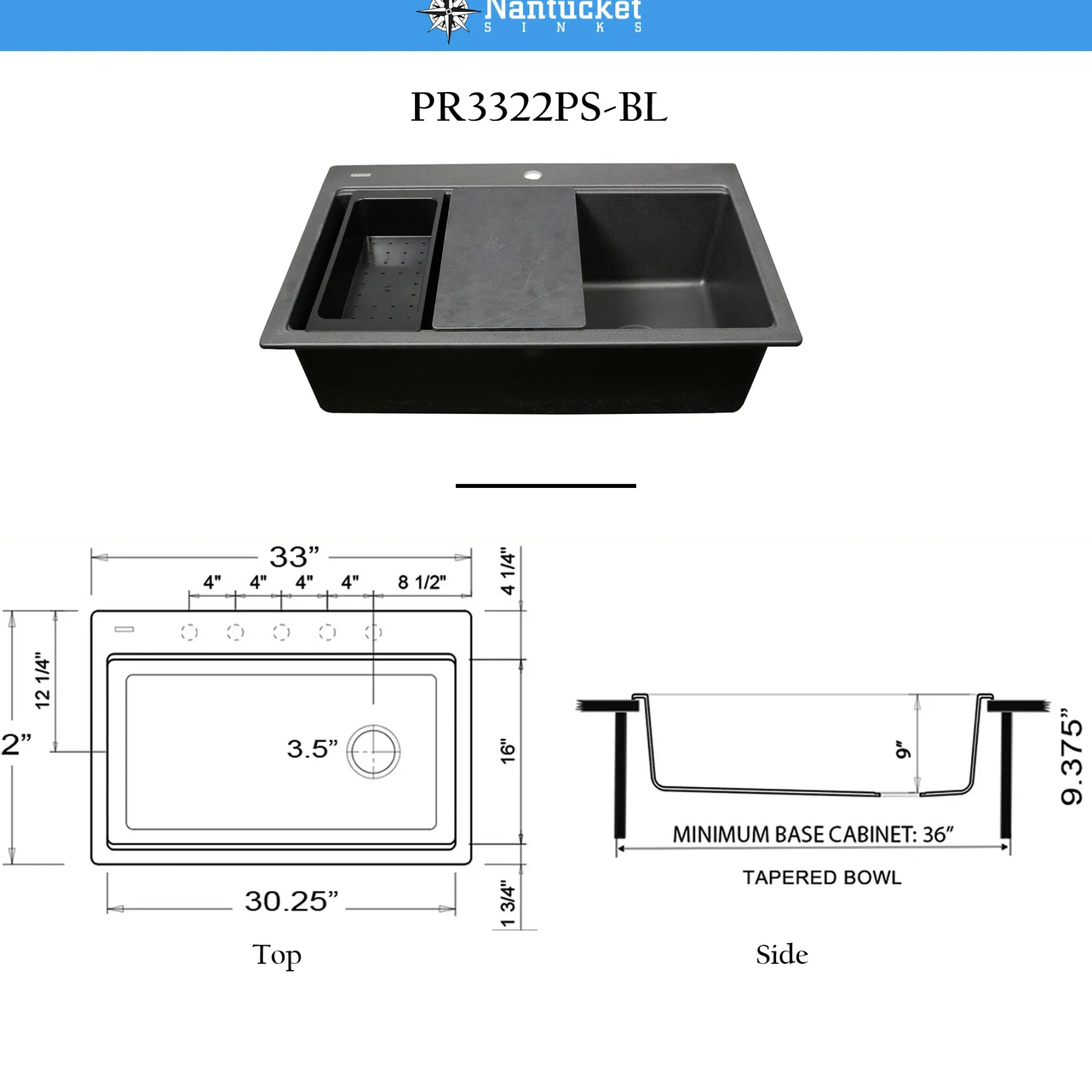 Nantucket Sinks Plymouth 33" Dual Mount Granite Composite Workstation Kitchen Sink, Black, PR3322PS-BL