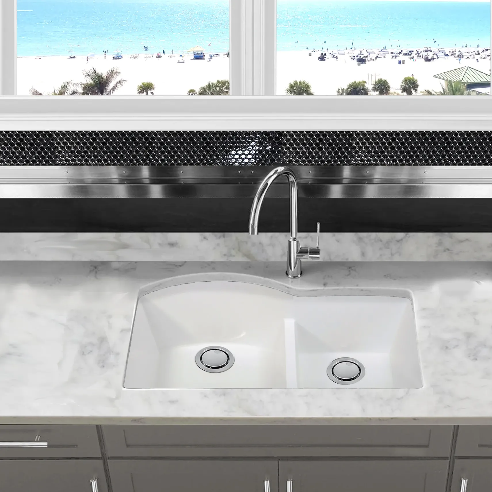 Nantucket Sinks Plymouth 33" Granite Composite Kitchen Sink, 60/40 Double Bowl, White, PR6040-W-UM