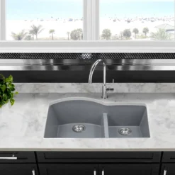 Nantucket Sinks Plymouth 33" Granite Composite Kitchen Sink, 60/40 Double Bowl, Titanium, PR6040-TI-UM