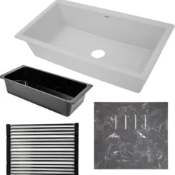 Nantucket Sinks Plymouth 34" Undermount Granite Composite Workstation Kitchen Sink with Accessories, White, PR3419-W-UM